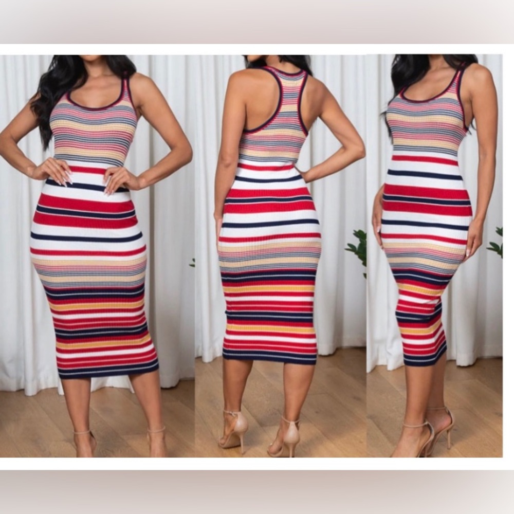 NWT Racerback Red Navy Multi Striped Scoop Neck Bodycon Knit Midi Tank Dress Y2K